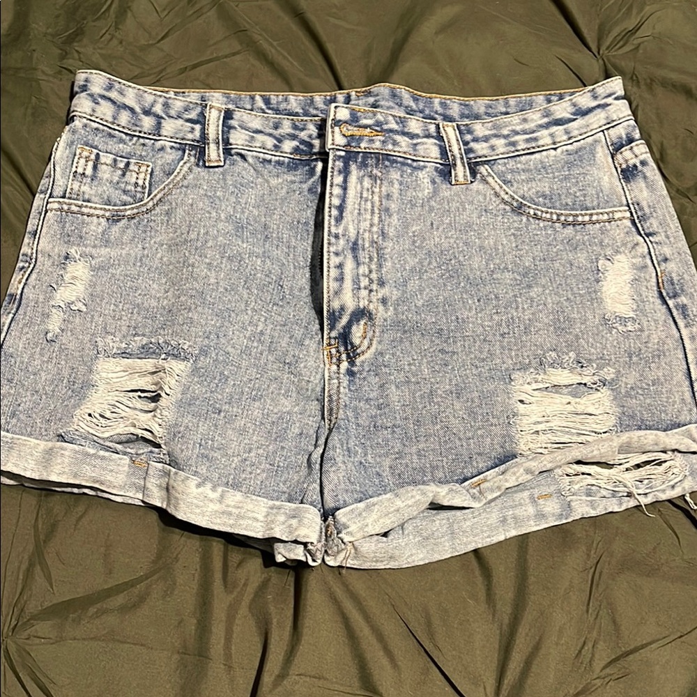 Blue Distressed Jean Shorts with Frayed Hem